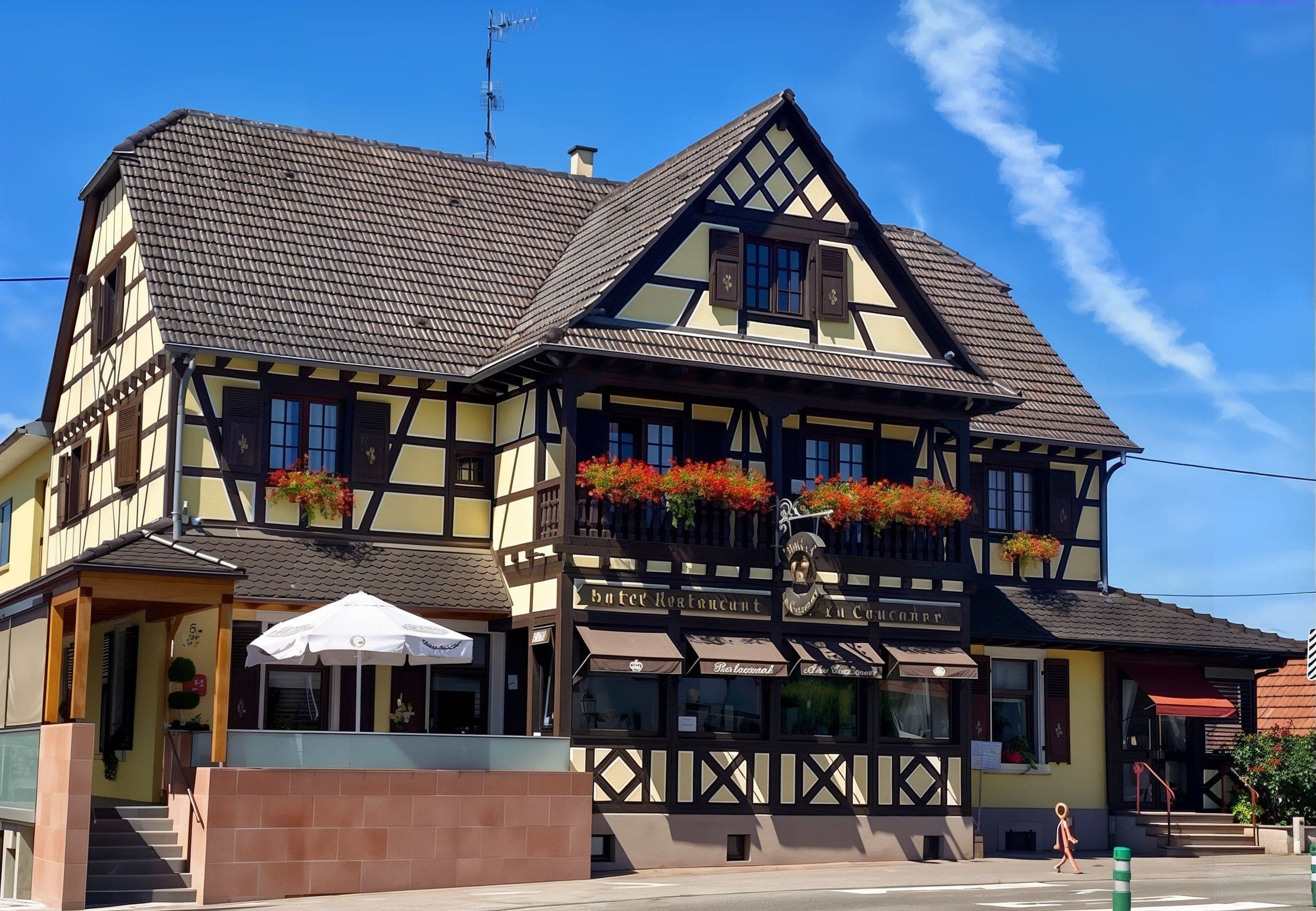 Façade en colombages d’un hôtel-restaurant alsacien baigné de soleil, avec balcons fleuris, terrasse couverte et entrée du restaurant donnant sur la rue.